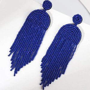 Long 4.5" Dk Blue Modern Art Deco Oversized Earrings Beaded Bohemian Tassel New
